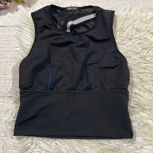 MICHI Crop Top Black Linear Pullover Mesh Panels Piping Bodice